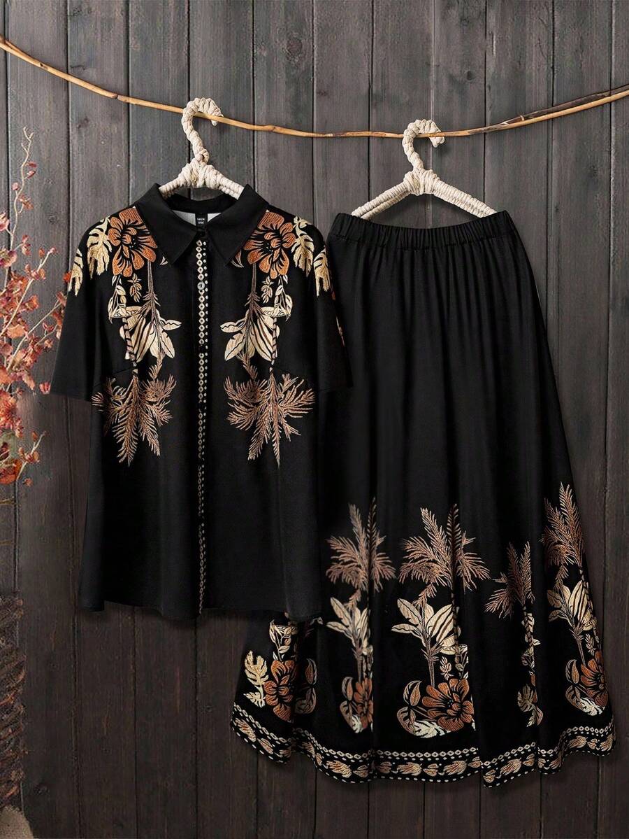 SHEIN 大码热带印花衬衫和裙子两件套，休闲度假装 - 黑色 - 查看 1