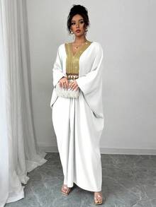 Elenzga 中东风格宽松亚麻连衣裙，配金色领子 - 白色 - 查看 4