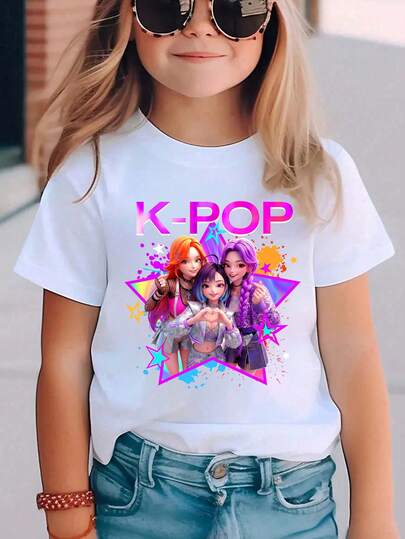 Young Girls' Basic Round Neck Cartoon Print Short Sleeve T-Shirt