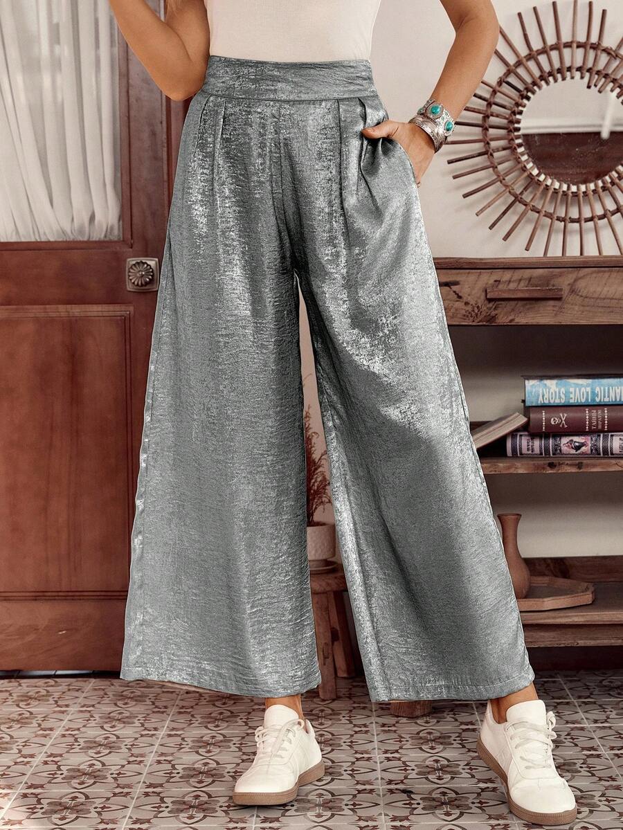LanaWest New Shiny Fashion Casual Elegant Retro Luxury Commute Party Women's Metal Effect Pleated Decor Music Festival Pants, Christmas - Silver - View 1