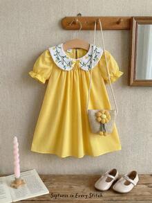 Souflis Souflis 夏季女童田园风彼得潘领蝴蝶结刺绣泡泡袖连衣裙，4-7岁，休闲时尚 - 黃色 - 查看 3