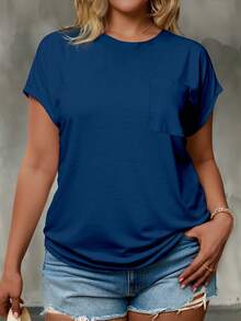 EMERY ROSE Plus Size Women's Solid Color Round Neck Casual Everyday Short Sleeve T-Shirt - Multicolor - View 1