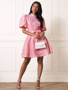 Lilora 优雅甜美时尚提花纯粉色领口纽扣腰带蝴蝶结喇叭下摆短袖连衣裙，适合休闲、约会、轻度社交场合，女士 - 粉色 - 查看 4