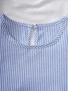 少女春夏度假北欧休闲日常通勤圆领无袖荷叶边下摆娃娃裙，条纹亚麻连衣裙 - 藍色 - 查看 4