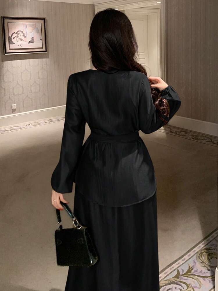 Women's Elegant Solid Color V-Neck Belted Shirt And A-Line Skirt 2-Piece Set, Spring/Summer
