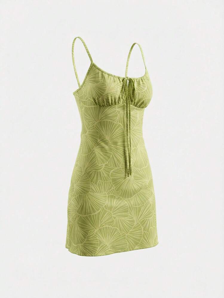 Summer Botanical Print Drawstring V-Neck Sleeveless Short Nightgown For Women