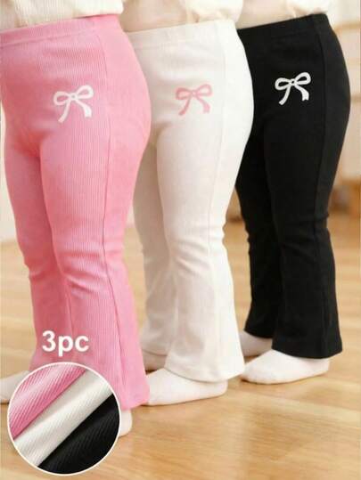 SHEIN 3pcs/Set Toddler Girls' Solid Color Knit Flare Pants, Elastic Waist Casual Daily Wear, Adorable Heart Print Decor, Suitable For Spring, Summer & Autumn