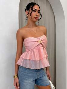 Glamine Áo croptop quây ngực xếp ly bằng vải thun co giãn họa tiết sao biển, viền bèo nhún. - Hồng - Xem 4