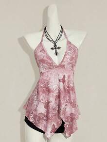 SHEIN ICON Paisley Print Backless Halter Top, Casual Vacation Wear - Dusty Pink - View 3