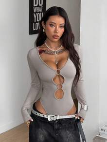 Coolane 女士秋季/四季街头风锐舞派对音乐节Y2K辣妹风镂空弹力长袖黑色连体裤 - 灰色 - 查看 3