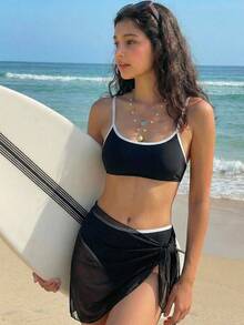 SHEIN Teen Girls' Colorblock Black And White Bikini Sets - Black and White - View 3