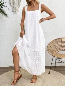 Breezaya Gaun Jacquard Kasual Serbaguna untuk Liburan dengan Tali Bahu Tipis, Model Terbaru - Putih - View 4