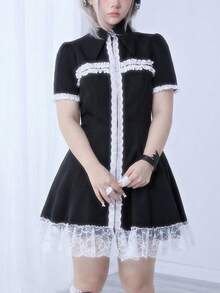 ROMWE Kawaii Đầm cỡ lớn kiểu Lolita dễ thương với họa tiết ren phối màu tương phản và hình chữ thập dành cho nữ. - màu đen - Xem 7