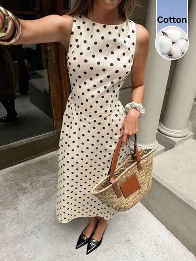 Serisse Women's Casual Crewneck Sleeveless Polka Dot Print Smocked Waist Flared  Polka Dot Midi Dress, Cotton Material For Casual Summer Holiday Elegant Outing, Apricot Black Summer Dresses For Women Vacation Outfits Woman Beach Outfits For Woman Dresses For Women Elegant Sundress Business Casual Woman,Casual Dresses For Women Summer Vacation Outfits  Wedding Guest Dress For Women  Carnival Dress