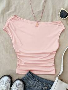 Blusa corta de punto blanca con estampado de lunares asimétrica y fruncida, estilo minimalista casual, adecuada para primavera/verano, uso diario, estilo personalizado para adolescentes - Rosa - Ver 1