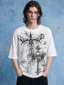 ROMWE MEN Street Life 男士休闲宽松圆领七分袖T恤，深色翅膀十字印花 - 黑與白 - 查看 8