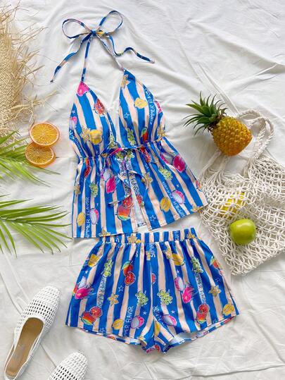 Soleia 两件套女士度假时尚经典条纹水果印花V领吊带露背吊带背心和宽松超短裤套装，适合约会、派对、城市街头、假日、海滩度假等场合。