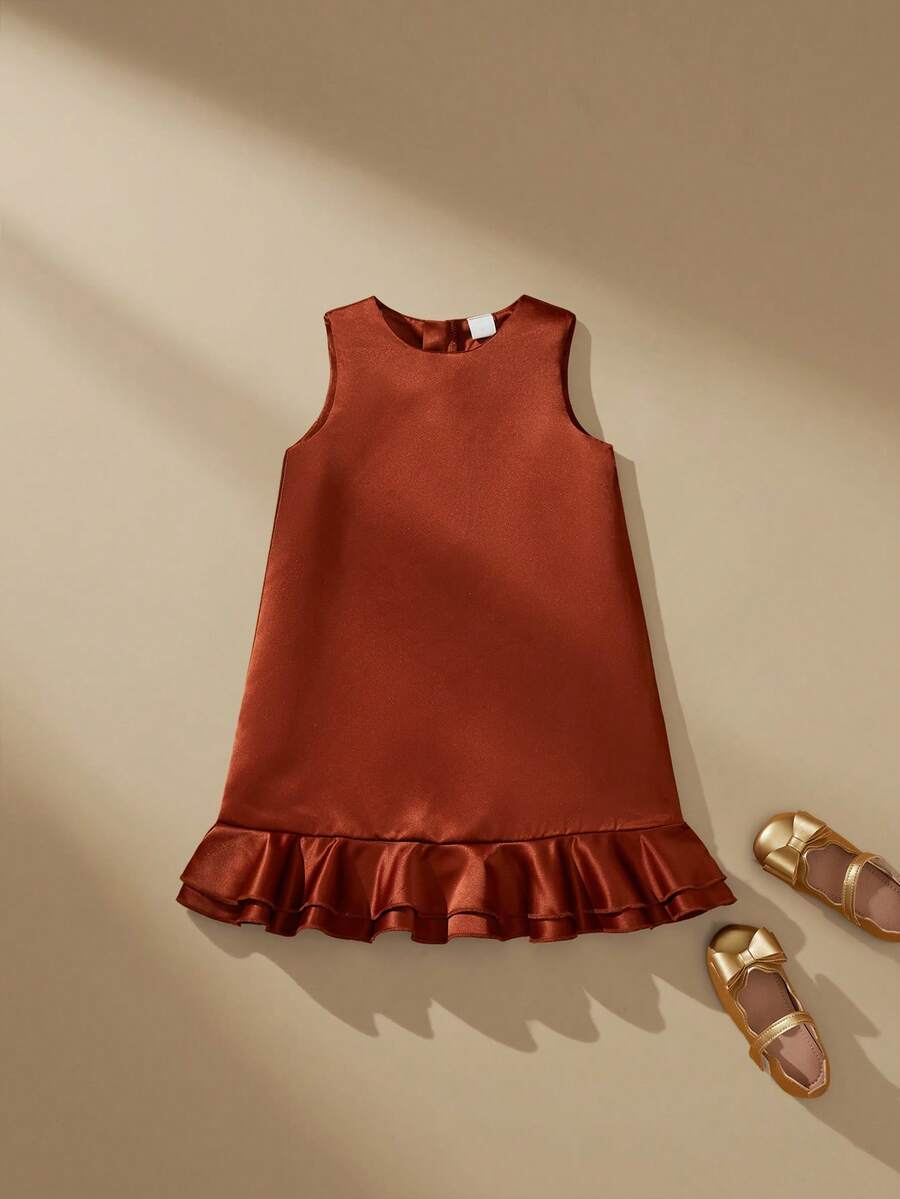 SHEIN 少女纯色圆领荷叶边下摆休闲度假日常连衣裙 - 摩卡棕 - 查看 1