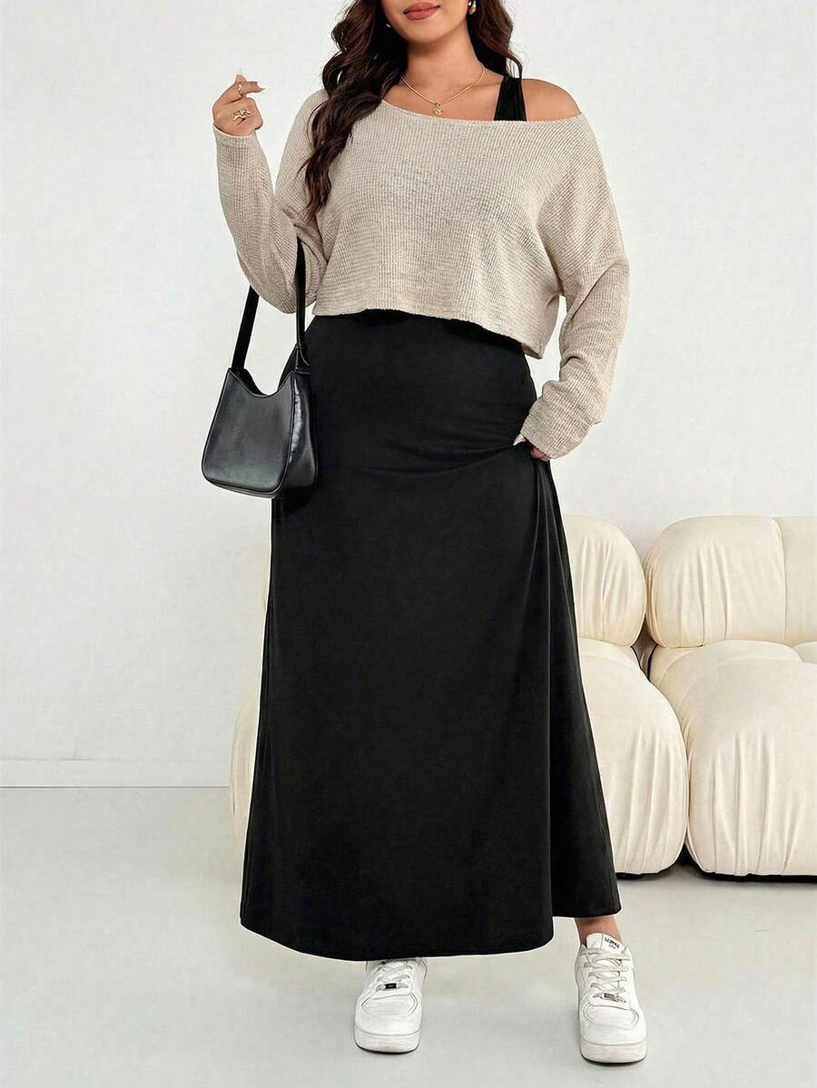 SHEIN Essnce 大码女装秋冬时尚休闲宽松舒适日常灰色长袖露脐上衣和黑色马甲长裙两件套,秋季服装,机场穿搭 - 杏色 - 查看 1