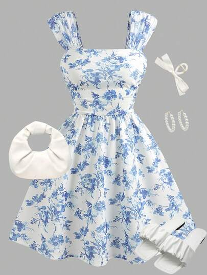 Girlism Teen Girls' Blue & White Floral Print Ruched Waist A-Line Mesh Overlay Spaghetti Strap Vacation Dress, Spring/Summer