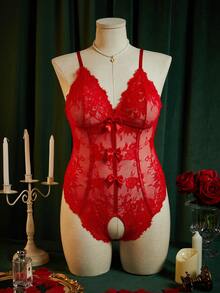 SpicyHot Plus Size Red Lace Crotchless Bodysuit Lingerie For Women,Summer Curve Bow Decor Sheer Teddy Set,Body Suit - Red - View 6