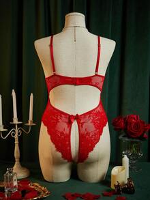 SpicyHot Plus Size Red Lace Crotchless Bodysuit Lingerie For Women,Summer Curve Bow Decor Sheer Teddy Set,Body Suit - Red - View 7