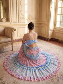 LOTSLUV Falda evasé con estampado de colocación azul y rosa, volante fruncido, bajo asimétrico para mujer - Multicolor - Ver 2