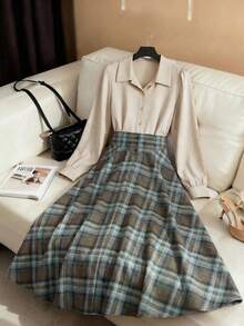 GlowEve 女士酒红色格子拼接衬衫式收腰A字连衣裙，优雅日常法式休闲通勤时尚复古百搭圣诞新年假日商务酒红色长袖连衣裙，秋冬款 - 彩色 - 查看 6