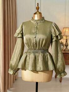 DreamSkyne Blusa de manga larga con cuello con volantes, abotonadura frontal, cintura ceñida y bajo con volantes, estilo elegante francés, apropiada para primavera/otoño, vuelta al colegio, vacaciones, graduación, días festivos, San Valentín, Navidad, festivales de música, Día de la Madre, Halloween, Acción de Gracias, Pascua, Día Nacional, bailes, citas, fiestas, bodas, salidas - Verde - Ver 1
