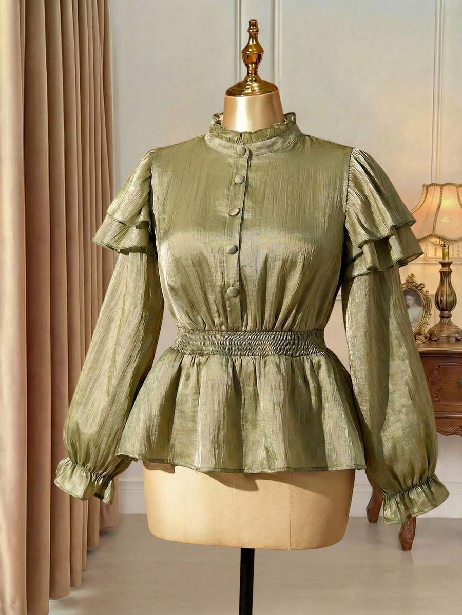 DreamSkyne Blusa de manga larga con cuello con volantes, abotonadura frontal, cintura ceñida y bajo con volantes, estilo elegante francés, apropiada para primavera/otoño, vuelta al colegio, vacaciones, graduación, días festivos, San Valentín, Navidad, festivales de música, Día de la Madre, Halloween, Acción de Gracias, Pascua, Día Nacional, bailes, citas, fiestas, bodas, salidas - Verde - Ver 1