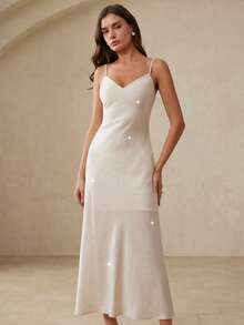 Revavyn Đầm hai dây đính đá lấp lánh tối giản thời trang mới, kiểu dáng quý phái sang trọng, phù hợp cho tiệc tối, sinh nhật và các dịp khác. - trắng - Xem 3