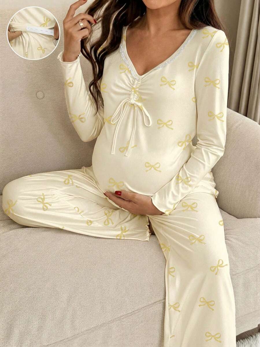 SHEIN Bộ đồ bầu 2 món gồm áo dài tay và quần in họa tiết nơ. - Màu vàng - Xem 1