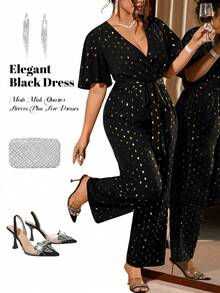 Cravure 大码女式激光亮片收腰优雅连体裤 - 黑色 - 查看 3