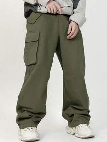 Tween Boy Vacation Collegiate Style Side Pockets 3D Patch Pockets Straight Loose Solid Color Woven Pants - Army Green - View 3