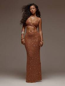 MUSERA Ensemble coordonné Top brassière à col halter avec nœud devant et jupe maxi ajustée texturée avec sequins marron. Tenue élégante pour le printemps, l'été, les vacances, la plage, les festivals à Ibiza et les fêtes - Jaune citron - Voir 3