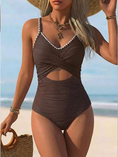 Swim Lushoire 1pc Women's One-Piece Swimsuit, Wavy Pattern Sexy European And American Style Conservative Criss-Cross Beach Swimwear