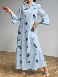 Al Najma Đầm dài kiểu dáng thường ngày, thêu lỗ họa tiết hoa, có cổ - Màu xanh lam - Xem 6