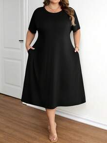SHEIN CURVE+ Plus Size Women's Basic Versatile Solid Color Hidden Pocket A-Line Dress - Black - View 5