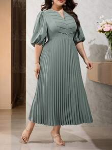 Modelyn Plus Size Solid Color Minimalist Casual Short Sleeve Dress - Green - View 7