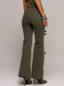 MUSERA Calça jeans flare ajustada com detalhe de fivela na cintura média, perfeita para primavera/verão, encontros românticos, baladas, festivais, férias e passeios. Soul Ties - Verde de Exercício - Ver 4