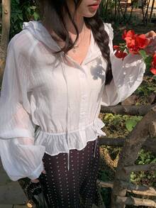 DAZY Áo dài tay có mũ trùm đầu phối ren dành cho nữ - trắng - Xem 7