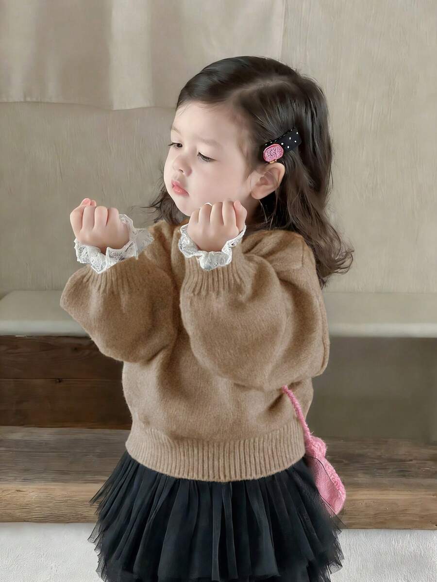 DAZY 女婴圆领纯色休闲长袖毛衣 幼儿女童服装 - 卡其色 - 查看 1