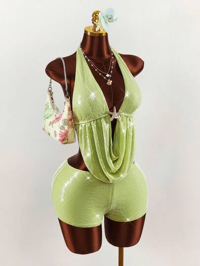 Amplova Sequin Sexy Backless Starfish Accent Women's Camisole Top And Low-Waist Sequin Shorts Set, Suitable For Beach Vacation