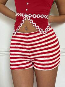 Women's Summer Casual Vacation Red & White Striped Pattern Shorts Women Vacation Outfit Sets Women Two Pieces Sets Short Women's 2 Pieces Outfit Women's 2 Pieces Sets Woman Summer Outfits - Watermelon Pink - View 6