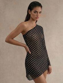 Glamine 女士夏季沙滩时尚单肩喇叭袖畅销黑白波点印花半透明连体衣 - 黑與白 - 查看 3