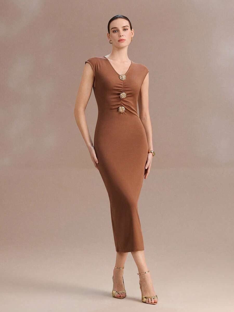 Uhlyne Vestido ajustado de mujer con hebilla de metal minimalista - Café - Ver 1