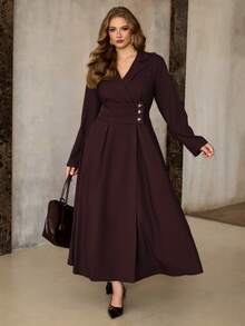 Roveilla 大码女式翻领腰部褶裥星形装饰长袖A字连衣裙，优雅复古法式办公室通勤商务休闲街头风，百搭秋冬装，适合圣诞节、感恩节、新年派对等场合 - 紫紅色 - 查看 6