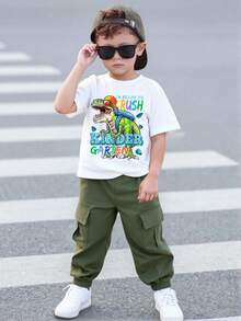 Streecool Kids Bộ 2 món gồm áo thun cổ tròn tay ngắn và quần cargo in hình khủng long hoạt hình dành cho bé trai, thích hợp cho các lễ hội, tiệc tùng, mùa xuân/hè, thoải mái và năng động, lý tưởng cho mùa hè. - xanh quân đội - Xem 3