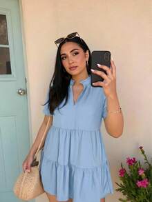 Shapeblank Plus Size Women's Light Blue Summer V-Neck Short Sleeve Dress,Smart Casual Vacation Outfits,Elegant Loose Comfortable Sun Dresses,Old Money Style - Baby Blue - View 6