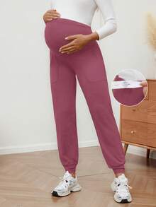 SHEIN Maternity Solid Color Sports Pants With Pockets And Elastic Waist - Red Violet - View 4